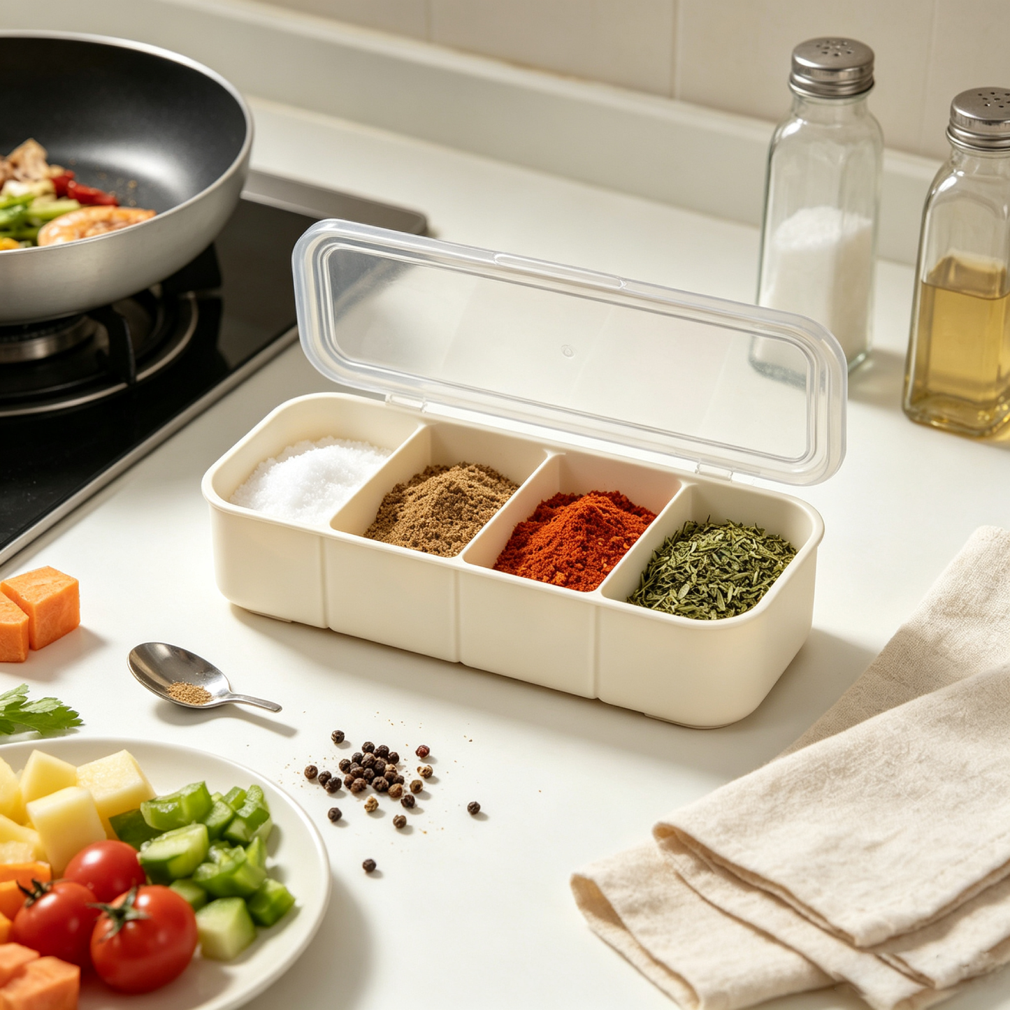 4-Grid Seasoning Box Set with Spoons