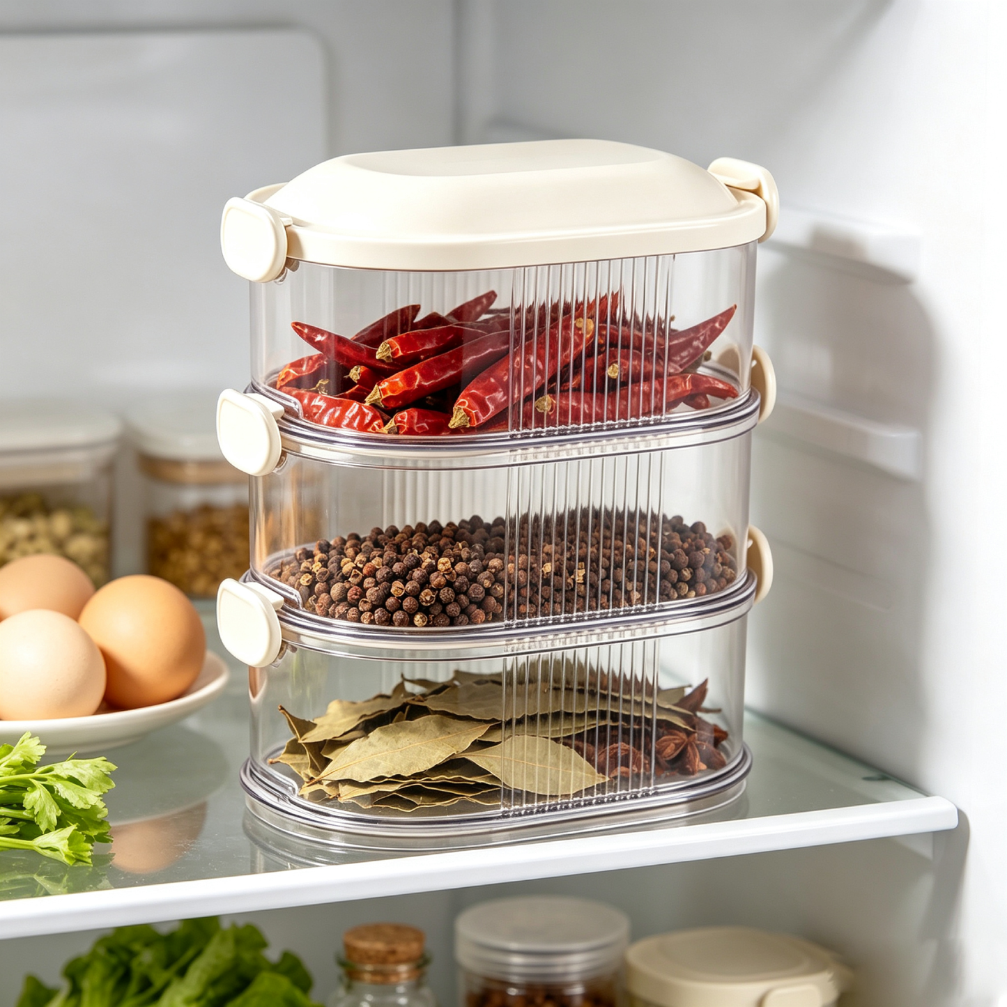 3-Tier Stackable Airtight Spice Storage Container Set in Cream White